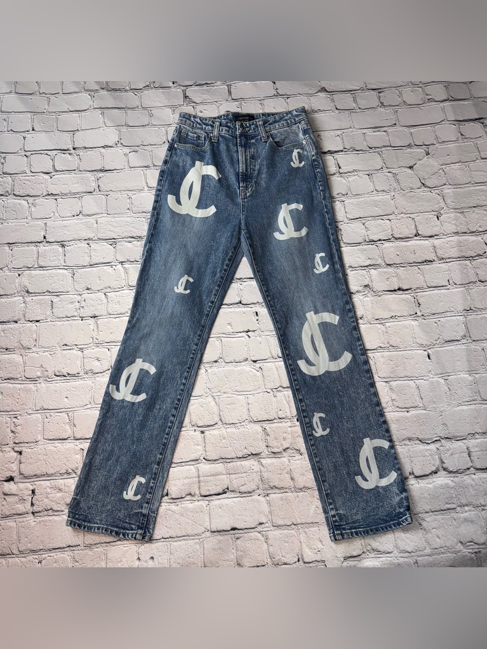 Juicy Couture Denim High Rise Straight-Leg Jeans w/ White JC Logo Print Size 28